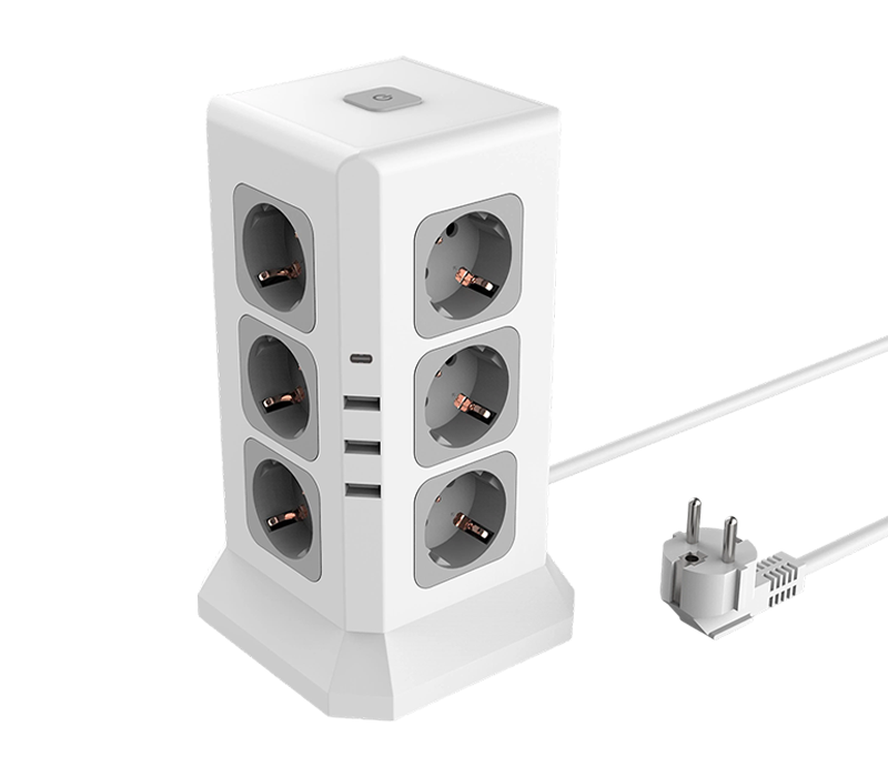 E11 verkabelte Multifunktions-Steckdosenleiste mit 12 Steckdosen im europäischen Stil, 3 USB-A-Anschlüssen und 1 USB-C-Anschluss, mit Schalter
