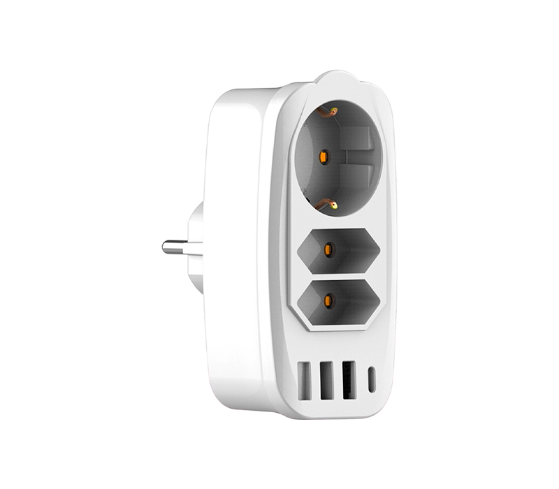 E06 Plug-in-Multifunktions-Steckdosenleiste mit 2 europäischen Typ-C-Steckdosen, 1 europäischen Typ-F-Steckdose, 3 USB-A-Anschlüssen und 1 USB-C-Anschluss