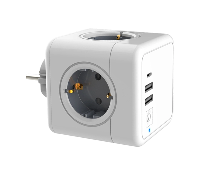 E02C Plug-in Cube Steckdosenleiste mit 4 Steckdosen im Euro-Stil, 2 USB-A-Anschlüssen und 1 USB-C-Anschluss