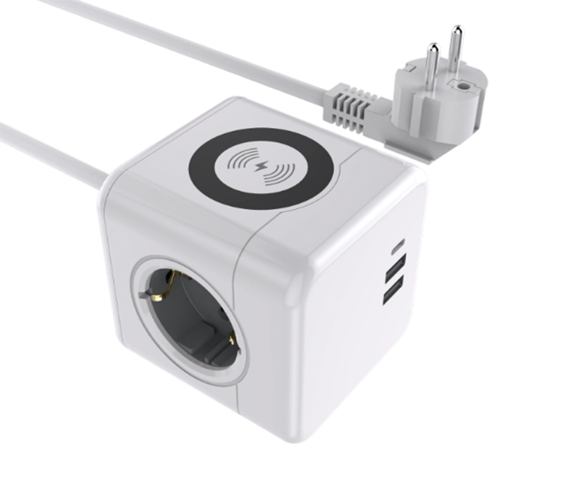 Die kabelgebundene Cube-Steckdosenleiste E07 verfügt über 3 Steckdosen im europäischen Stil, 2 USB-A-Anschlüsse und 1 USB-C-Anschluss