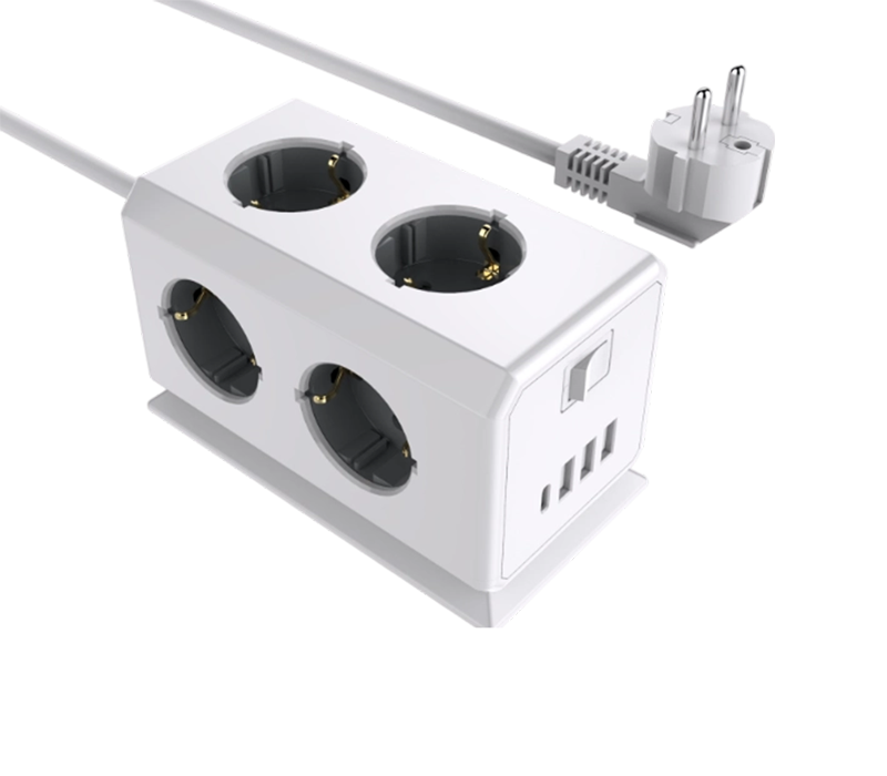 E08 verkabelte Multifunktions-Steckdosenleiste mit 6 Steckdosen im europäischen Stil, 3 USB-A-Anschlüssen und 1 USB-C-Anschluss, mit Schalter