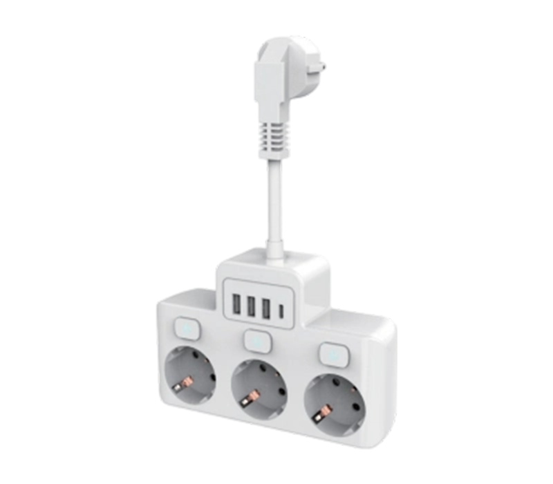 E14-Steckdosenleiste mit 3 Steckdosen im europäischen Stil, 3 USB-A-Anschlüssen und 1 USB-C-Anschluss, mit unabhängigem Schalter