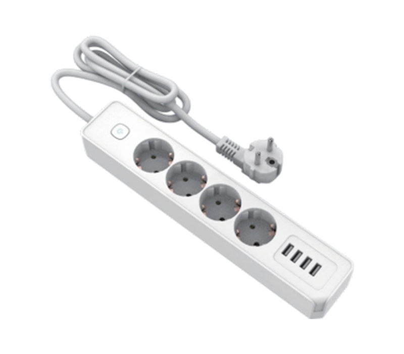 E22-4-Steckdosenleiste im europäischen Stil mit 4 Steckdosen und 4 USB-A-Anschlüssen, inklusive Schalter
