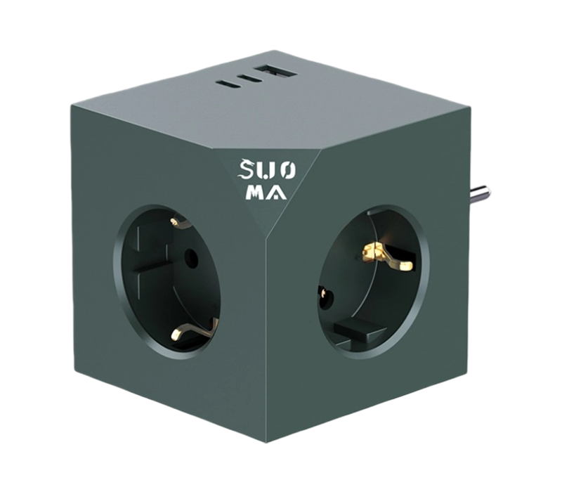E24 Plug-In Cube Steckdosenleiste mit 3 Steckdosen im europäischen Stil, 1 USB-A-Anschluss und 2 USB-C-Anschluss