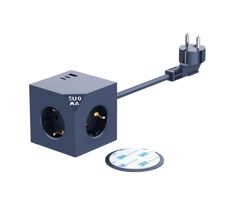 E25-Würfelsteckdosenleiste mit 3 Steckdosen im europäischen Stil, 1 USB-A-Anschluss und 2 USB-C-Anschlüssen, mit 3 m langen Klebeaufklebern