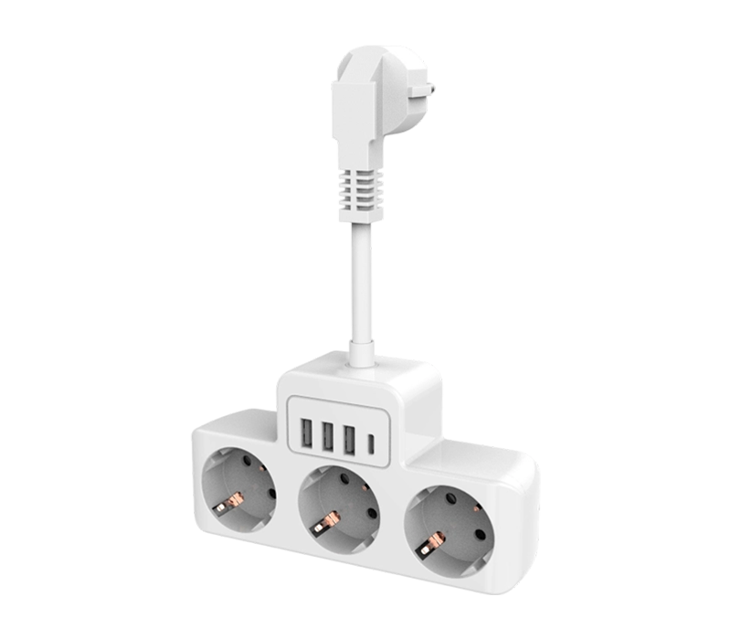 E13-Steckdosenleiste mit 3 Steckdosen im europäischen Stil, 3 USB-A-Anschlüssen und 1 USB-C-Anschluss
