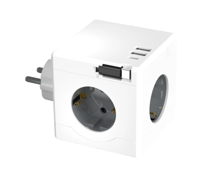 E15-D Plug-in Cube Steckdosenleiste mit 3 Steckdosen im europäischen Stil, 2 USB-A-Anschlüssen und 1 USB-C-Anschluss, mit einziehbarem Ladekabel