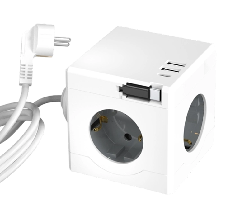 E16-D Wired Cube Steckdosenleiste mit 3 Steckdosen im europäischen Stil, 2 USB-A-Anschlüssen und 1 USB-C-Anschluss sowie einem einziehbaren Ladekabel
