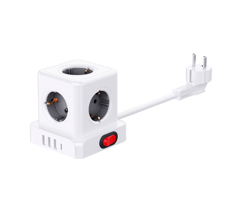 E23-Würfelsteckdosenleiste mit 5 Steckdosen im europäischen Stil, 3 USB-A-Anschlüssen und 1 USB-C-Anschluss, mit Schalter